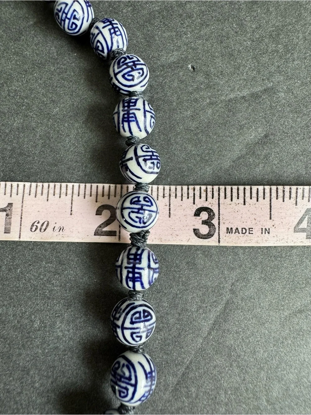 Vintage Chinese Shou Bead Necklace Blue White Porcelain Beaded Longevity 24